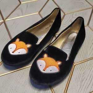 Lands'end Black Velvet Girl's Slip-On Flats with Orange Fox. Size 4M.